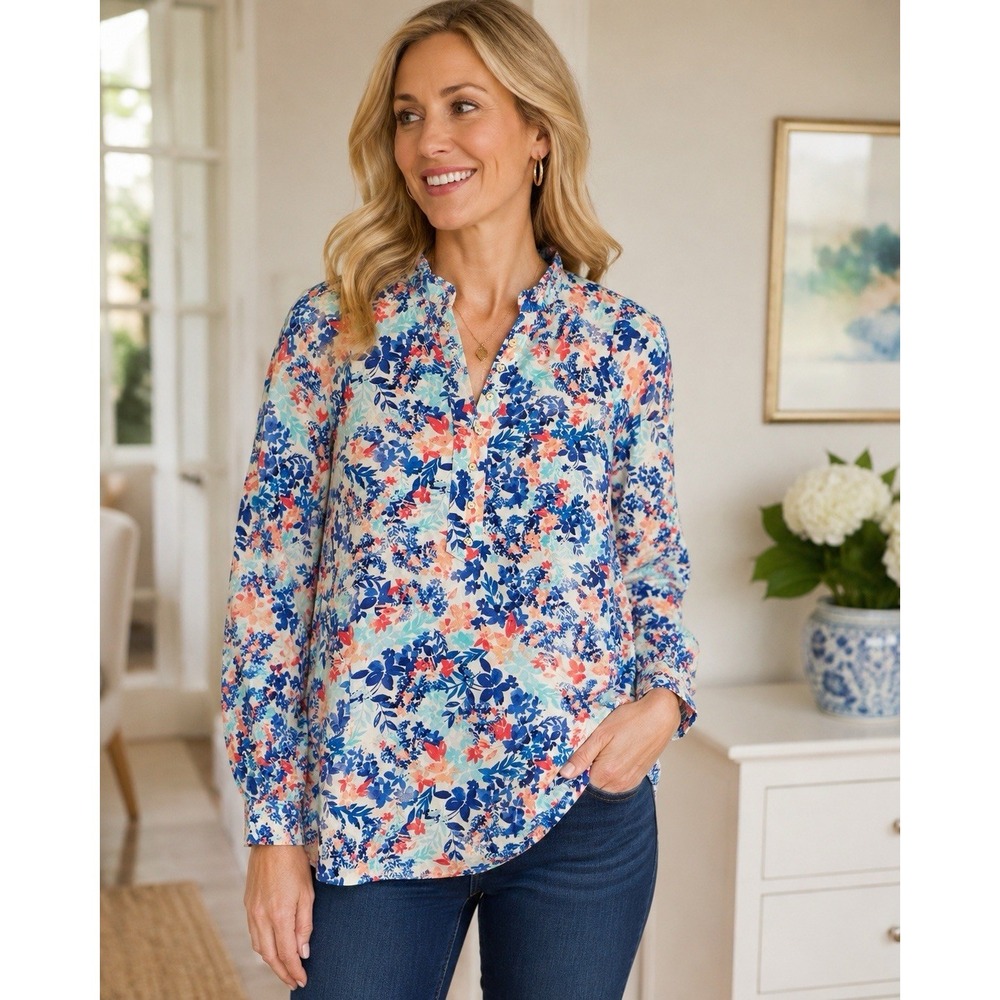 Talbots Blouse Womens XL Floral Popover Long Sleeve Coastal Blue Pink Shirt